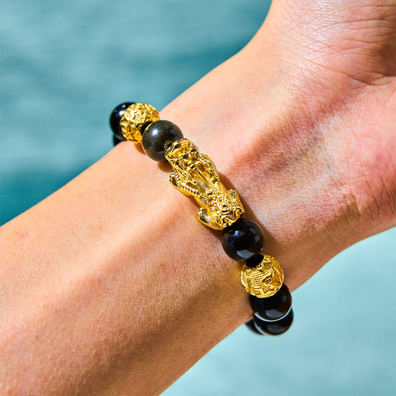 Buddhist Blessing Natural Gold Sheen Obsidian PiXiu Om Mani Padme Hum Wealth Bracelet