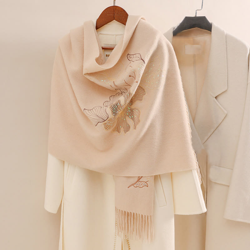 Buddhist Blessing Wool Shawl Big Flower Sequins Embroidery Tassel Winter Cozy Travel Scarf Wrap