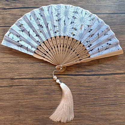 Buddhist Blessing Solid Color Hollow Flowers Embroidery Cotton Fabric Handheld Bamboo Folding Fan