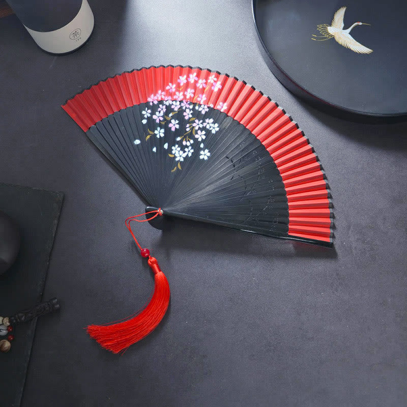 Buddhist Blessing Flower Rabbit Spray Painting Handheld Cotton Linen Fabric Bamboo Folding Fan