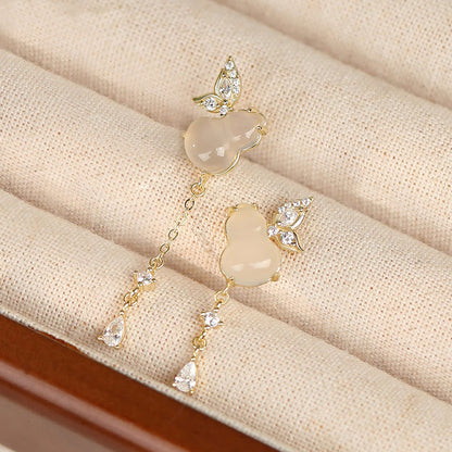 Buddhist Blessing Hetian Jade Magnolia Chalcedony 925 Sterling Silver Butterfly Gourd Luck Earrings