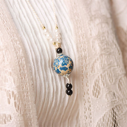 Buddhist Blessing Ebony Wood Aurora Lacquer Craft Bead Pearl Balance Necklace Pendant