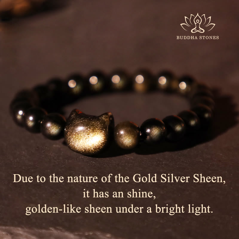 Buddhist Blessing Gold Sheen Obsidian Silver Sheen Obsidian Lovely Paw Lucky Cat Protection Bracelet