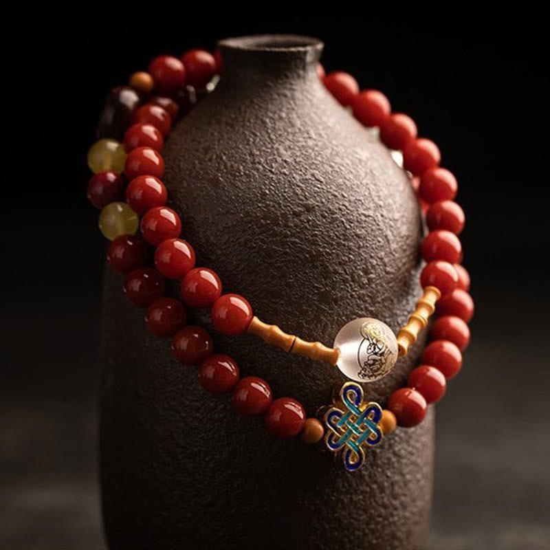 Buddhist Blessing Chinese Zodiac Natal Buddha Red Agate Small Leaf Red Sandalwood Cinnabar Amulet Blessing Double Wrap Bracelet