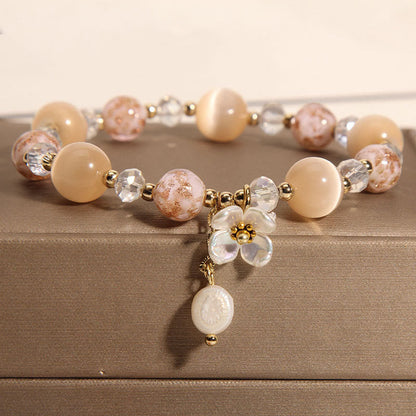 Buddhist Blessing Aquamarine Yellow Cat's Eye Stone Flower Peace Bracelet