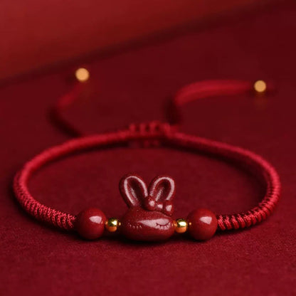 Buddhist Blessing Handmade Cinnabar Chinese Zodiac Rabbit Luck Red Rope Bracelet