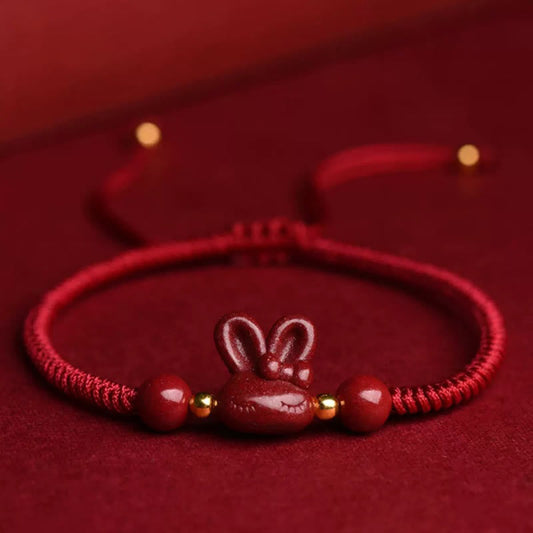 Buddhist Blessing Handmade Cinnabar Chinese Zodiac Rabbit Luck Red Rope Bracelet
