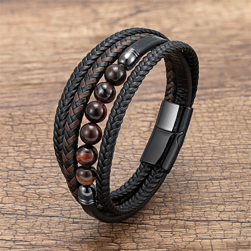 Buddhist Blessing Tiger Eye Lava Rock Black Onyx Lazurite Hematite Bead Positive Leather Bracelet