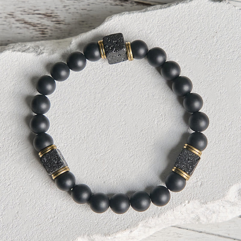 Buddhist Blessing Natural Frosted Black Onyx Square Lava Rock Fortune Bracelet