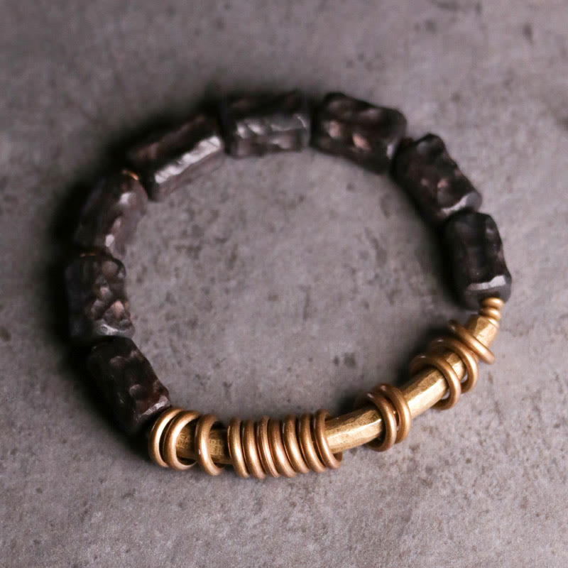 Buddhist Blessing Ebony Wood Copper Brass Circular Ring Peace Bracelet