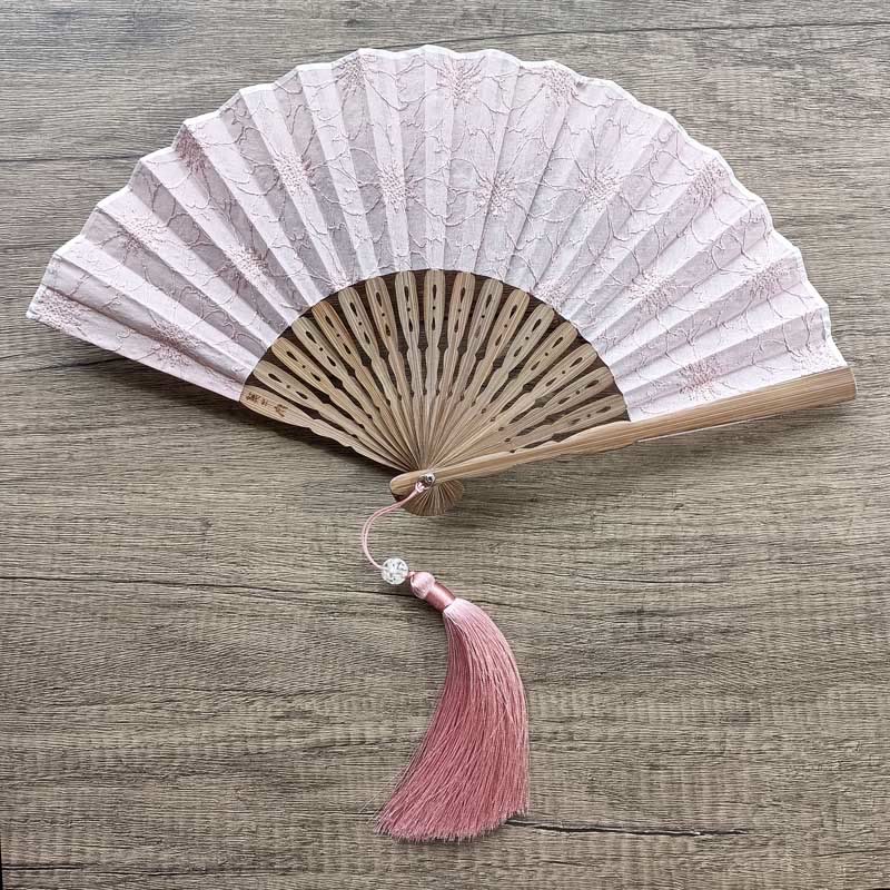Buddhist Blessing Solid Color Hollow Flowers Embroidery Cotton Fabric Handheld Bamboo Folding Fan