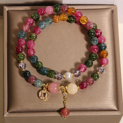 Buddhist Blessing Tourmaline Purple Jade Aquamarine Jade Copper Coin Positive Double Wrap Bracelet