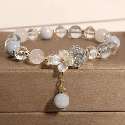 Buddhist Blessing Aquamarine Yellow Cat's Eye Stone Flower Peace Bracelet