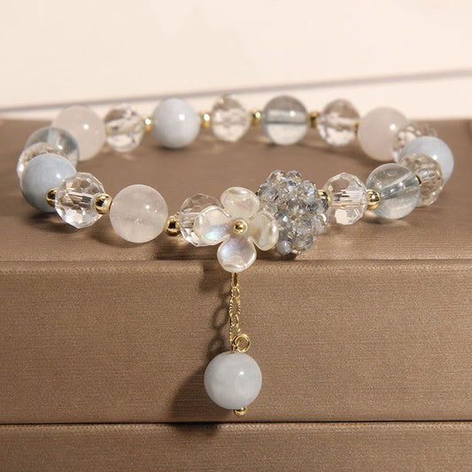 Buddhist Blessing Aquamarine Yellow Cat's Eye Stone Flower Peace Bracelet