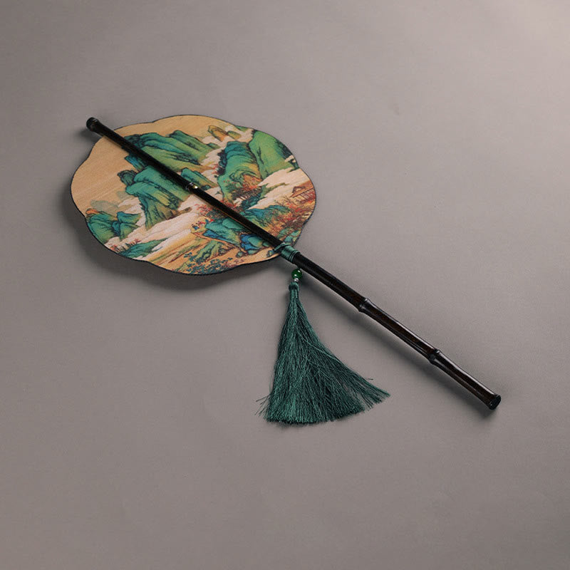 Buddhist Blessing Handmade Bamboo Thousand Miles of Rivers and Mountains Long Handle Portable Curlable Fan