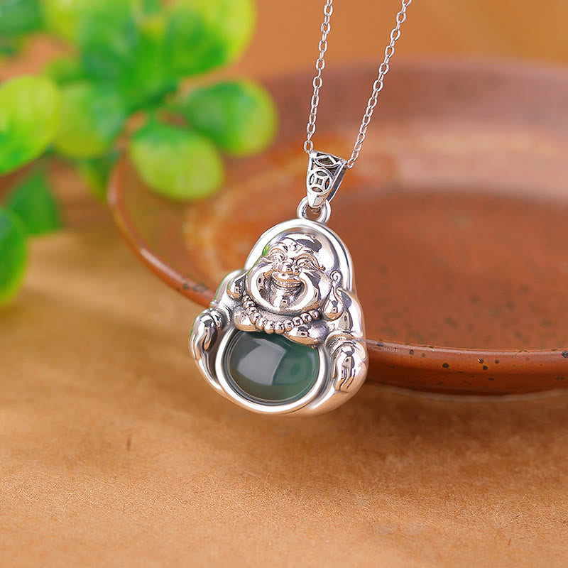 Buddhist Blessing 999 Sterling Silver Laughing Buddhist Blessing Cyan Jade Lotus Success Necklace Chain Pendant