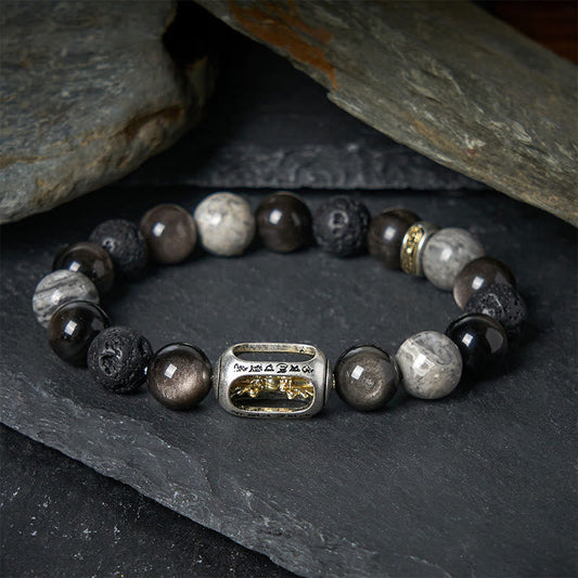 Buddhist Blessing Silver Sheen Obsidian Lava Rock Grey Jasper Om Mani Padme Hum Vajra Soothing Bracelet