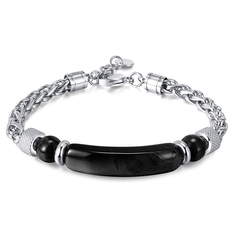 Buddhist Blessing Tiger Eye Black Obsidian Stone Titanium Steel Strength Buckle Bracelet