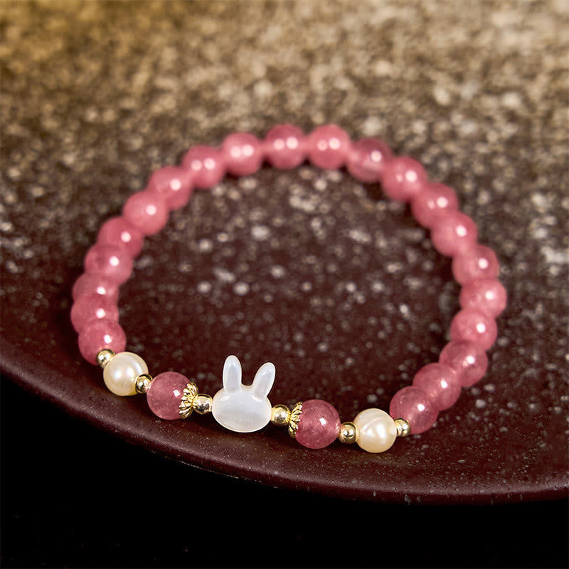 Buddhist Blessing Strawberry Quartz Pearl Cat Rabbit Healing Bracelet