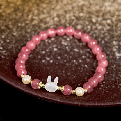 Buddhist Blessing Strawberry Quartz Pearl Cat Rabbit Healing Bracelet
