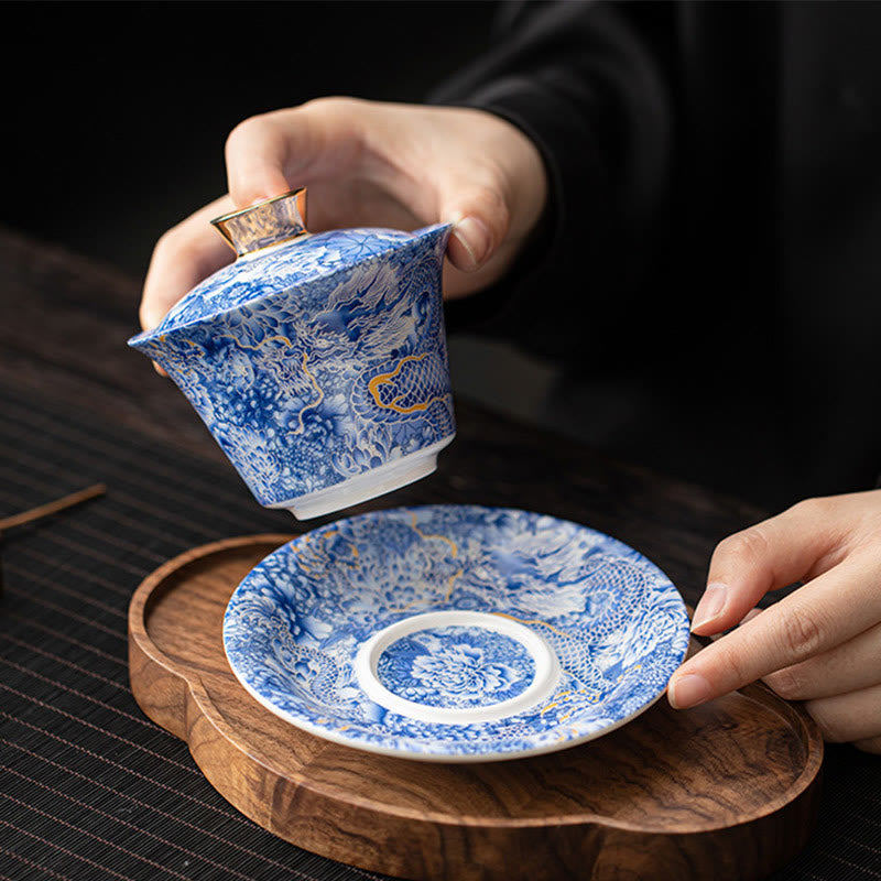 Buddhist Blessing Thangka Dragon Buddhas Dunhuang Ceramic Gaiwan Sancai Kung Fu Tea Cup And Saucer With Lid Gift Box 180ml