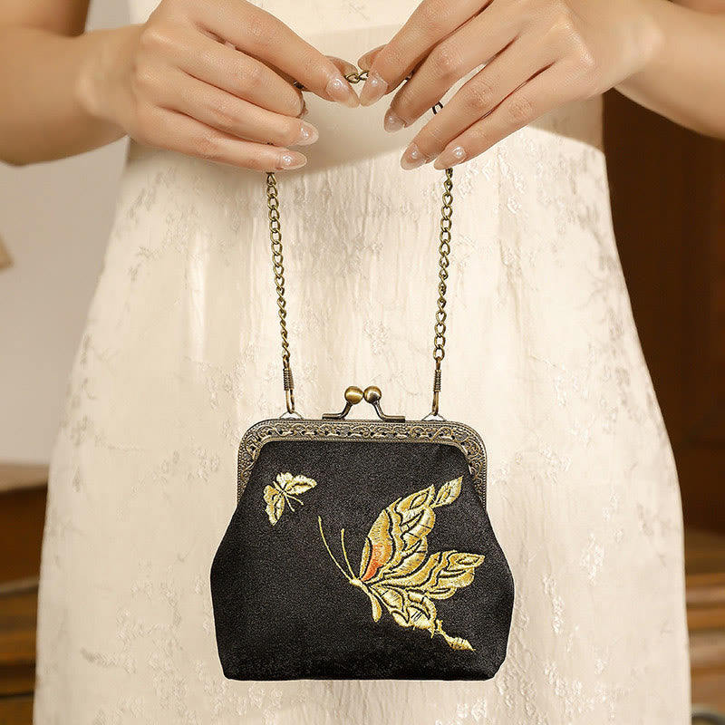 Buddhist Blessing Orchids Oriental Cherry Butterfly Embroidery Metal Handle Handbag