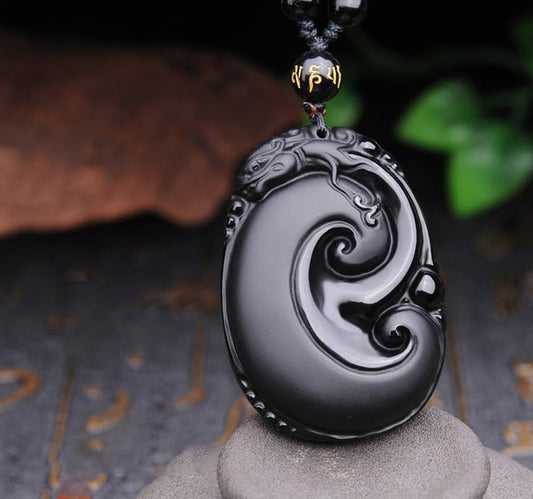 Buddhist Blessing Natural Black Obsidian PiXiu Oval Pattern Strength Necklace Pendant