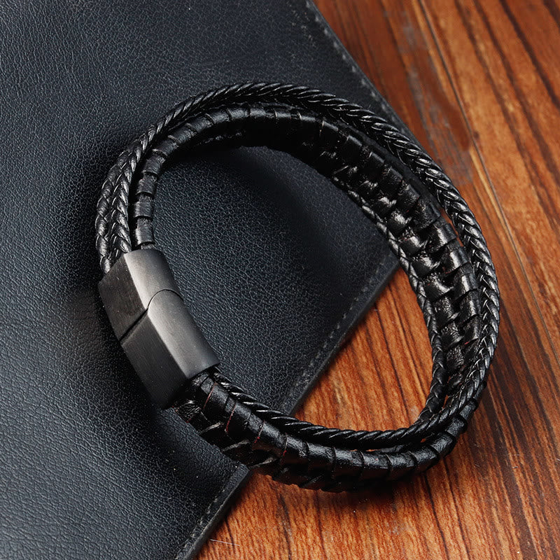 Buddhist Blessing Simple Braided Pattern Titanium Steel Strengthen Multi-layer Leather Buckle Bracelet