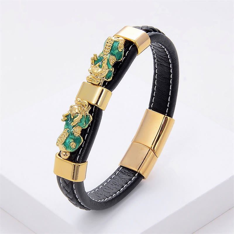 Buddhist Blessing Double PiXiu Wealth Luck Leather Magnetic Buckle Bracelet
