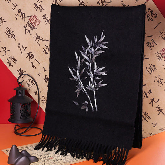 Buddhist Blessing Wool Shawl Bamboo Leaf Embroidery Tassel Winter Cozy Travel Scarf Wrap