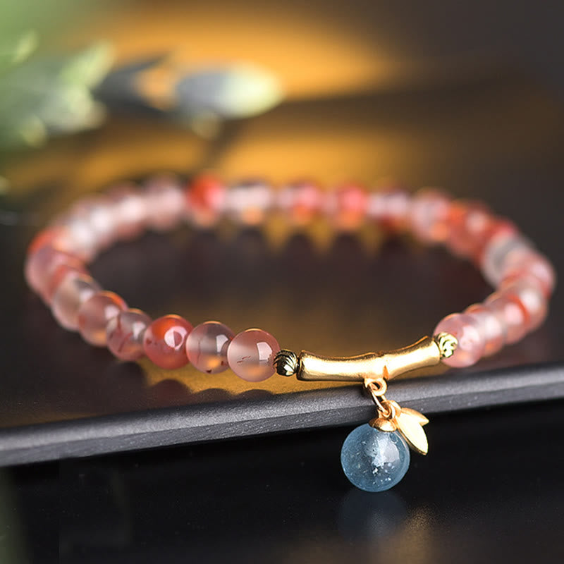 Buddhist Blessing South Red Agate Aquamarine Pearl Hetian Jade Bamboo Flower Fortune Bracelet
