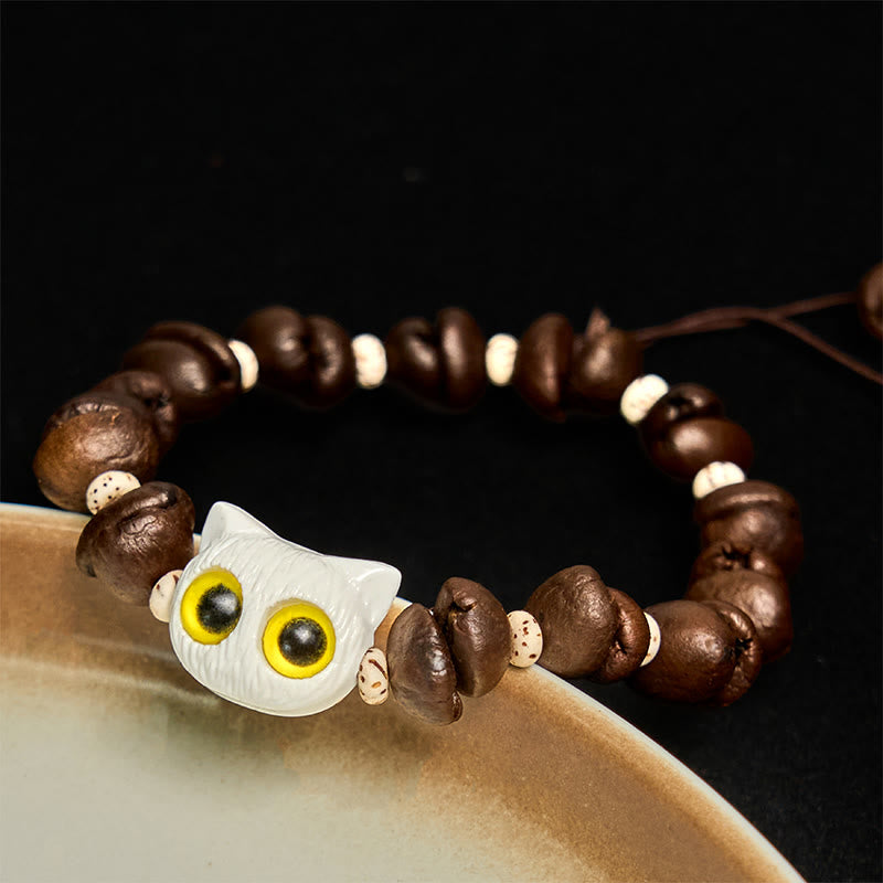 Buddhist Blessing Handmade Natural Coffee Beans Cat Head Bodhi Seed Claw Paw Peace Bracelet