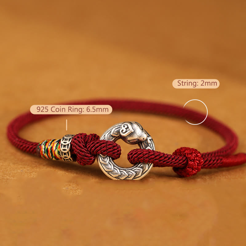 Buddhist Blessing Red String 999 Sterling Silver Peace Buckle Coin Year of the Snake Strength Bracelet