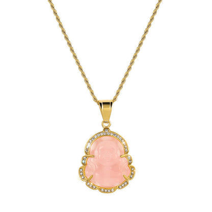 Buddhist Blessing 18K Gold Filled Laughing Buddhist Blessing Jade Luck Necklace Chain Pendant
