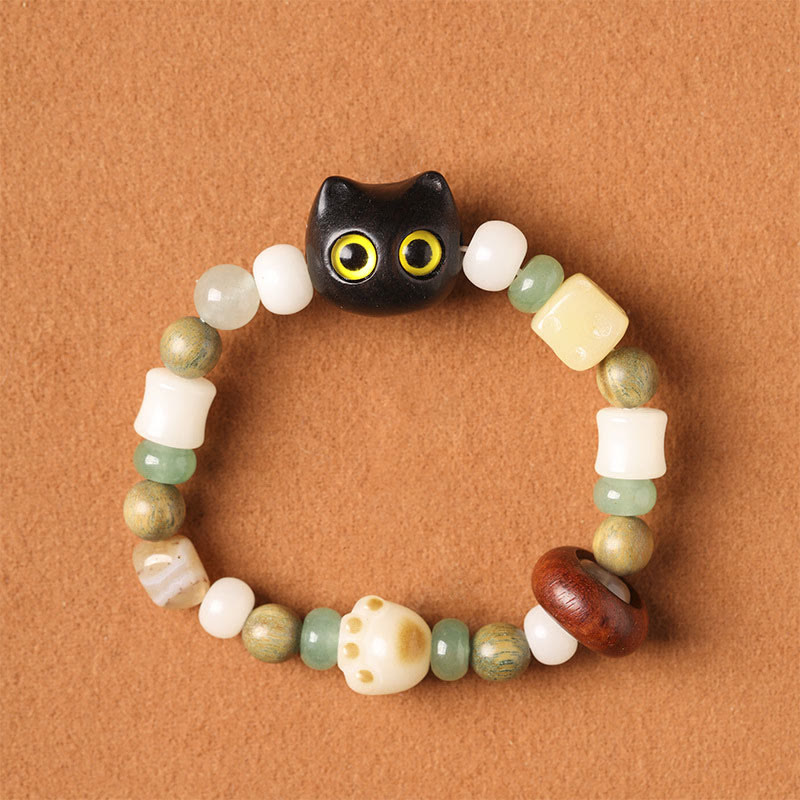Buddhist Blessing Bodhi Seed Green Sandalwood Ebony Wood Small Leaf Red Sandalwood Cat Head Paw Claw Peace Bracelet
