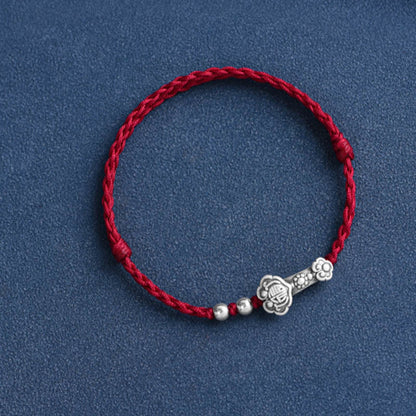 Buddhist Blessing Handmade 999 Sterling Silver Fu Character Wish Ruyi Handle Fortune Rope Bracelet Anklet