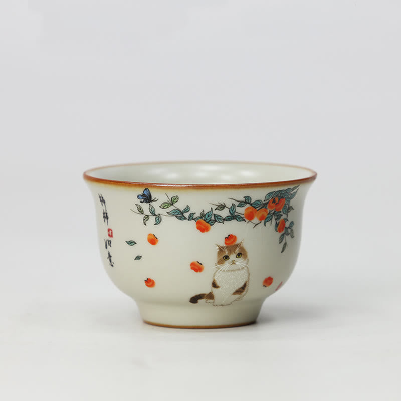 Buddhist Blessing Cute Cat Butterfly Teacup Kung Fu Tea Cup