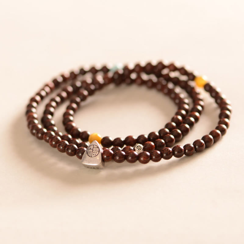 Buddhist Blessing 925 Sterling Silver Indian Small Leaf Red Sandalwood Fu Character Protection Triple Wrap Bracelet
