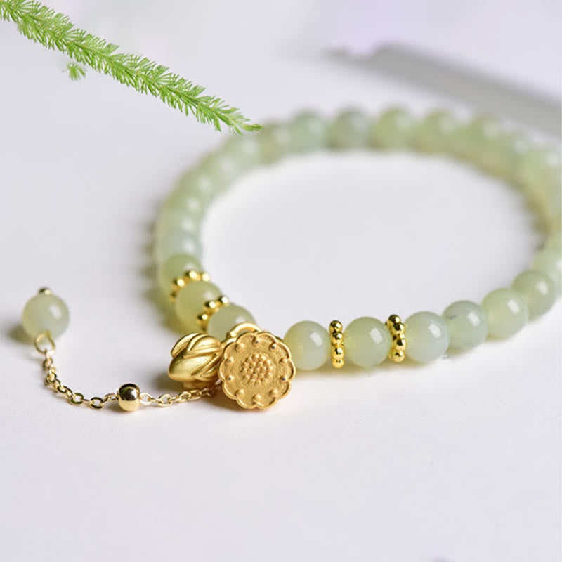 Buddhist Blessing Natural Hetian Jade Lotus Luck Bracelet