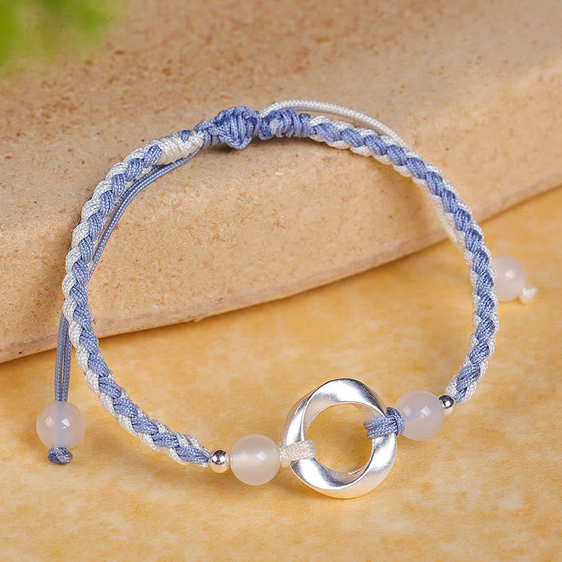 Buddhist Blessing 925 Sterling Silver Mobius White Agate Bead Braided String Protection Bracelet