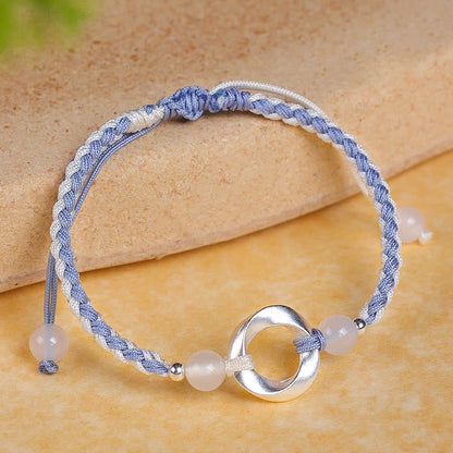 Buddhist Blessing 925 Sterling Silver Mobius White Agate Bead Braided String Protection Bracelet
