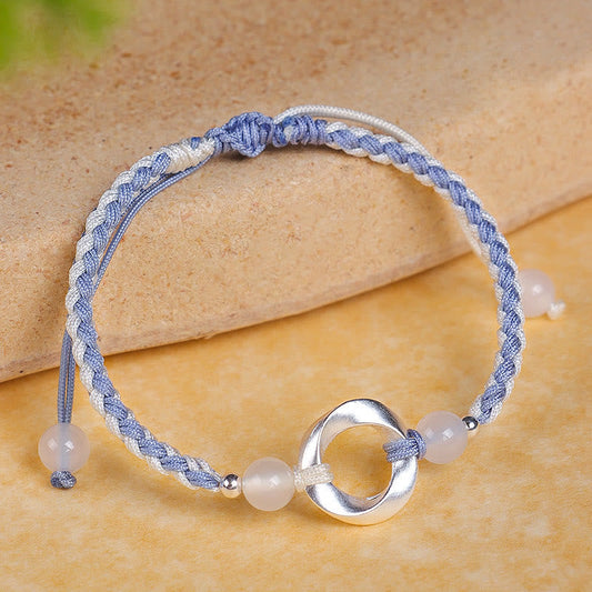 Buddhist Blessing 925 Sterling Silver Mobius White Agate Bead Braided String Protection Bracelet