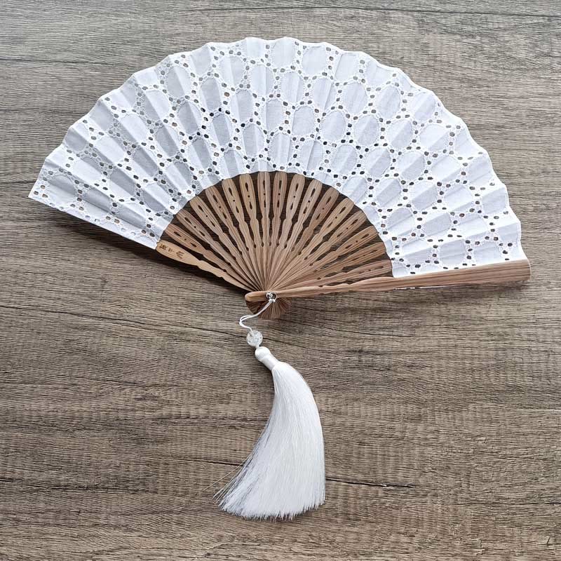 Buddhist Blessing Solid Color Hollow Flowers Embroidery Cotton Fabric Handheld Bamboo Folding Fan