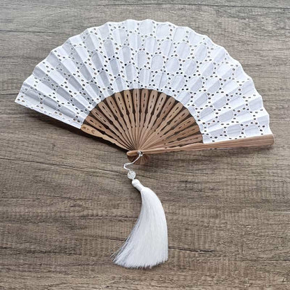Buddhist Blessing Solid Color Hollow Flowers Embroidery Cotton Fabric Handheld Bamboo Folding Fan