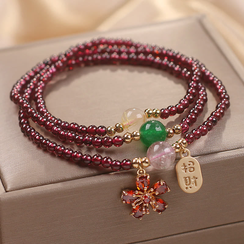 Buddhist Blessing Natural 3mm Ultra-thin Garnet Beads Cherry Blossom Flower Attract Fortune Protection Multilayer Bracelet