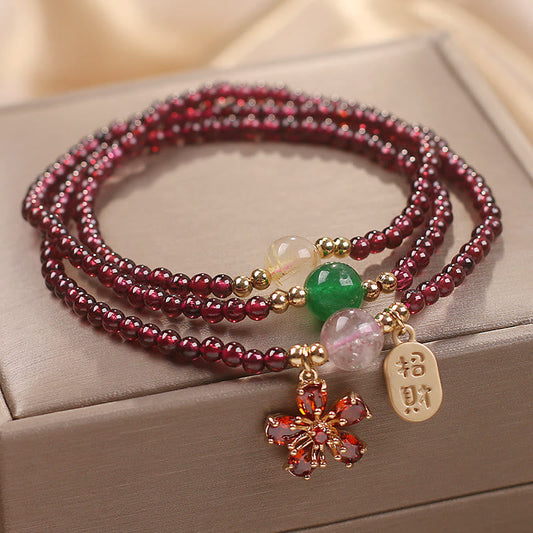 Buddhist Blessing Natural 3mm Ultra-thin Garnet Beads Cherry Blossom Flower Attract Fortune Protection Multilayer Bracelet