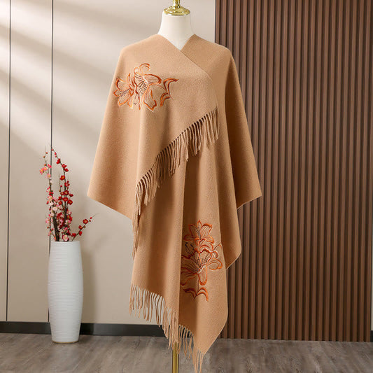 Buddhist Blessing Wool Shawl Lily Embroidery Tassel Winter Cozy Travel Scarf Wrap