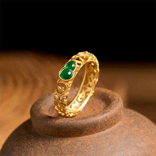 Buddhist Blessing Vintage Gourd Green Chalcedony Copper Alloy Wealth Ring