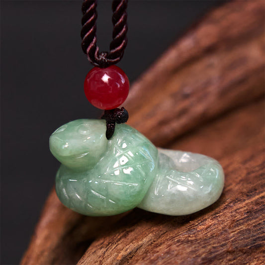 Buddhist Blessing Chinese Zodiac Year of the Snake Natural Jade Luck Necklace Pendant