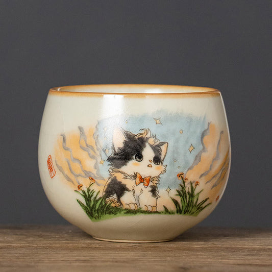 Buddhist Blessing Cute Bow Tie Cat Teacup Kung Fu Tea Cup